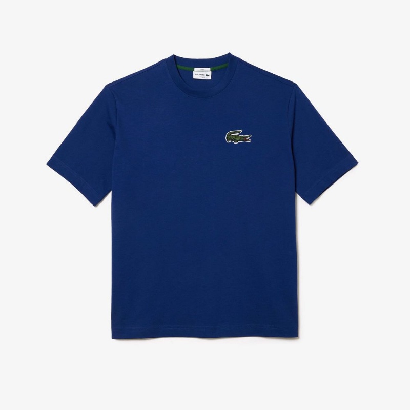 Men's Lacoste Loose Fit Large Croc Organic Heavy Cotton T-Shirt Methylene blue | NMA964013