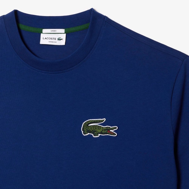 Men's Lacoste Loose Fit Large Croc Organic Heavy Cotton T-Shirt Methylene blue | NMA964013