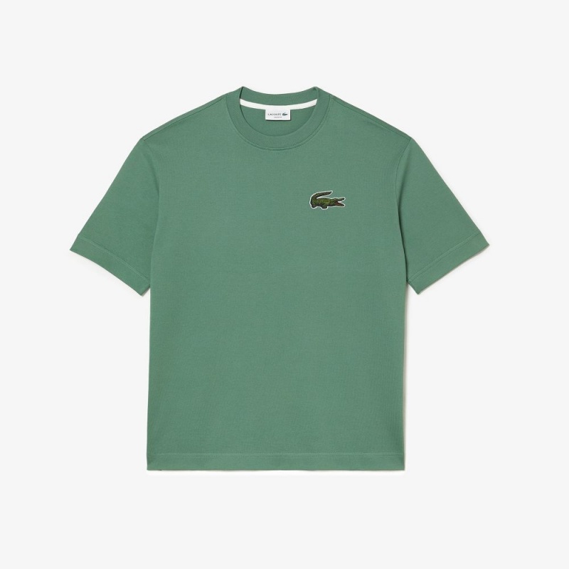 Men's Lacoste Loose Fit Large Croc Organic Heavy Cotton T-Shirt Khaki Green | SXA950482