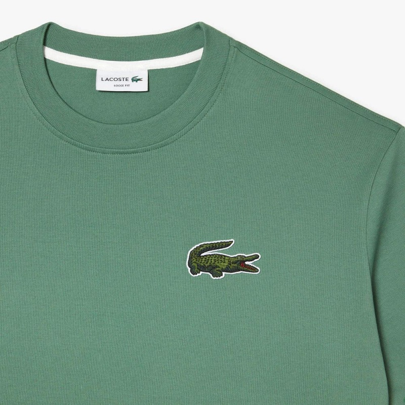 Men's Lacoste Loose Fit Large Croc Organic Heavy Cotton T-Shirt Khaki Green | SXA950482