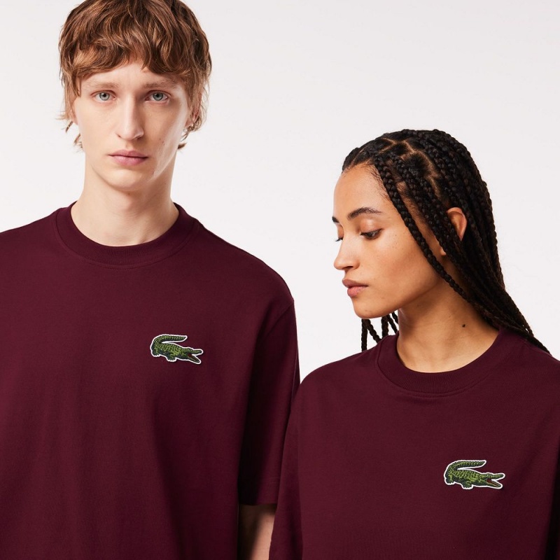 Men's Lacoste Loose Fit Large Croc Organic Heavy Cotton T-Shirt Bordeaux | VNX879403