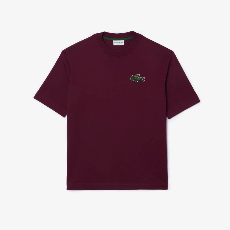 Men's Lacoste Loose Fit Large Croc Organic Heavy Cotton T-Shirt Bordeaux | VNX879403