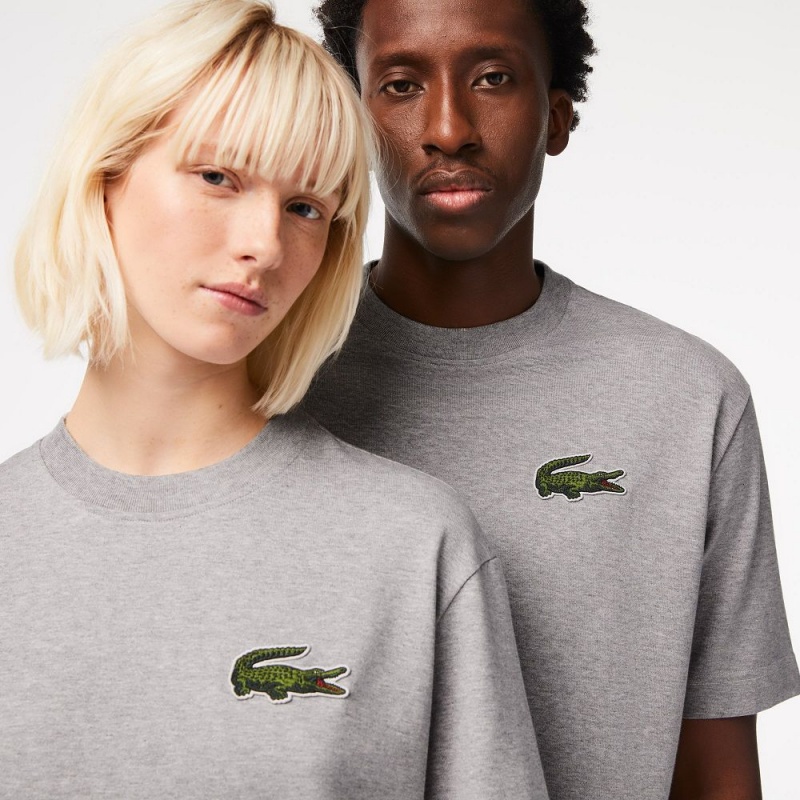 Men's Lacoste Loose Fit Large Croc Organic Heavy Cotton T-Shirt Grey Chine | LMA038619