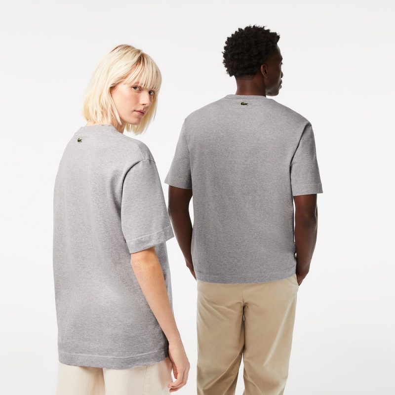 Men's Lacoste Loose Fit Large Croc Organic Heavy Cotton T-Shirt Grey Chine | LMA038619