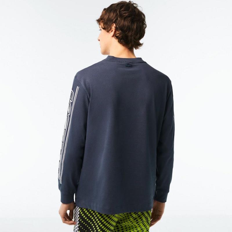 Men's Lacoste Loose Fit Long Sleeve Printed T-Shirt Blue | NTH902486