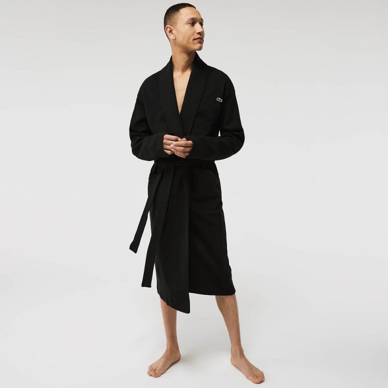 Men's Lacoste Loose Fit Long Textured Cotton Knit Bathrobe Pajamas Black | DUX903428