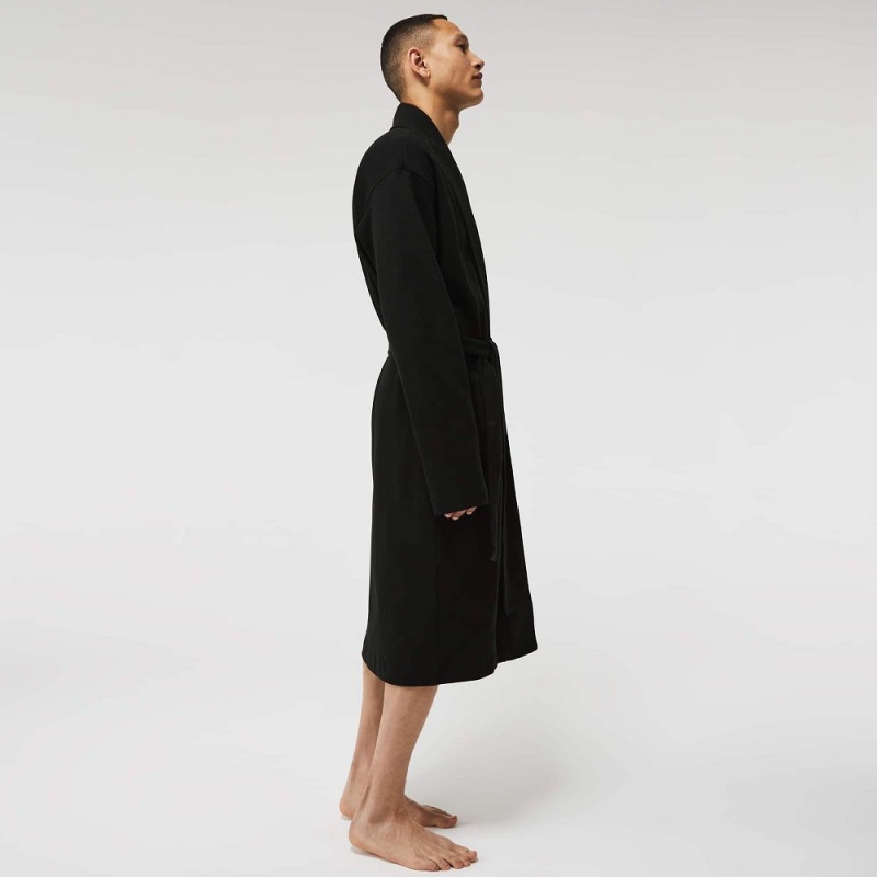 Men's Lacoste Loose Fit Long Textured Cotton Knit Bathrobe Pajamas Black | DUX903428