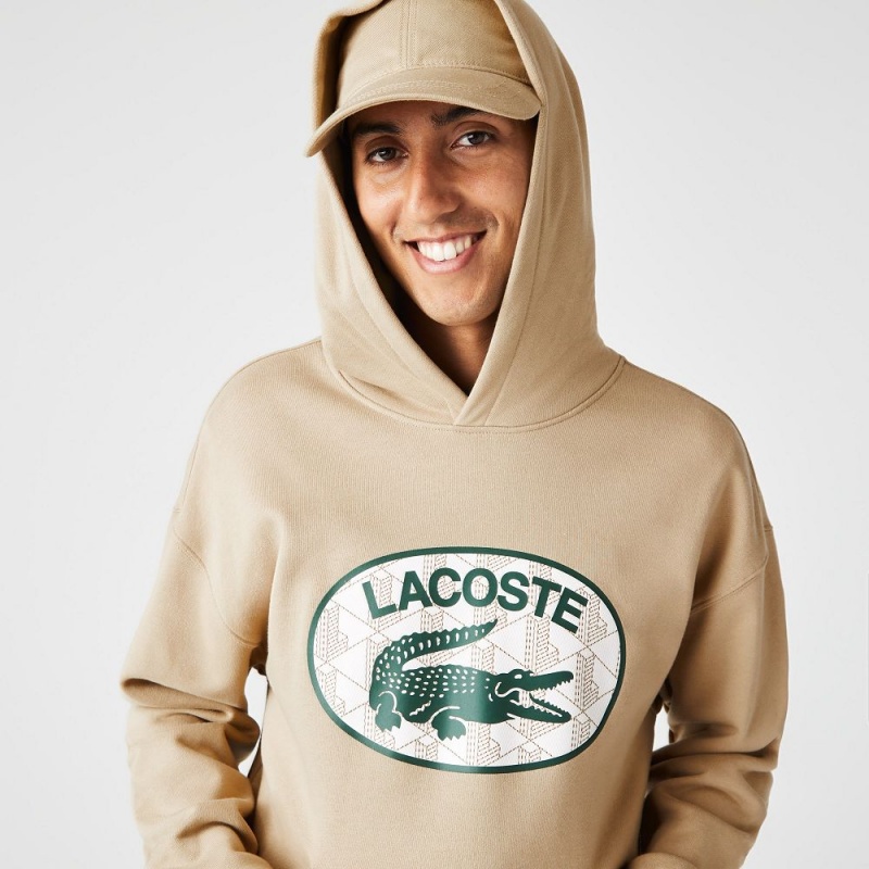 Men\'s Lacoste Loose Fit Monogram Hoodie Beige | TRQ534768