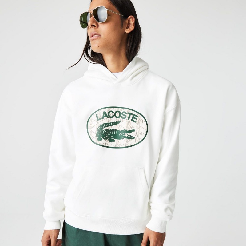 Men's Lacoste Loose Fit Monogram Hoodie White | RXA205139