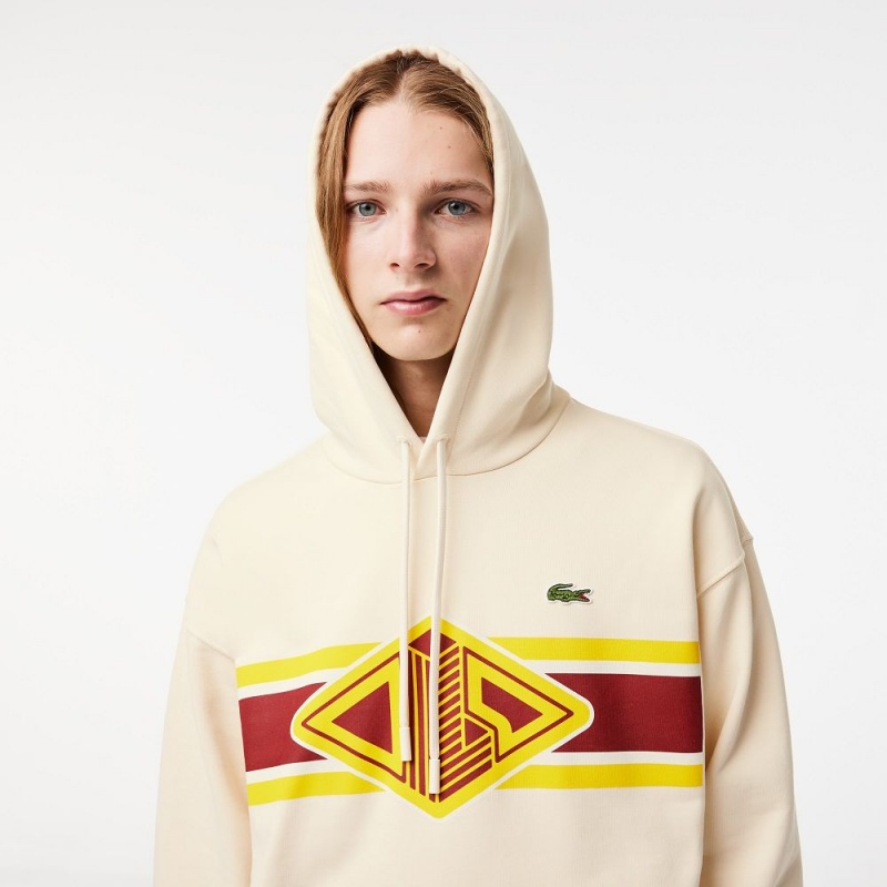 Men's Lacoste Loose Fit Printed Hoodie Cream | BGS260387