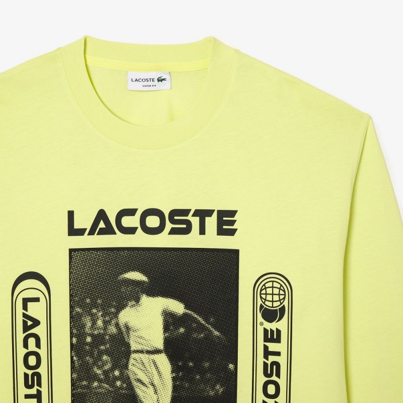 Men's Lacoste Loose Fit René Lacoste Print T-Shirt Navy Blue Yellow Orange White | ASY658140