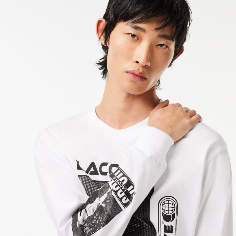 Men's Lacoste Loose Fit René Lacoste Print T-Shirt White Black | TSI243569