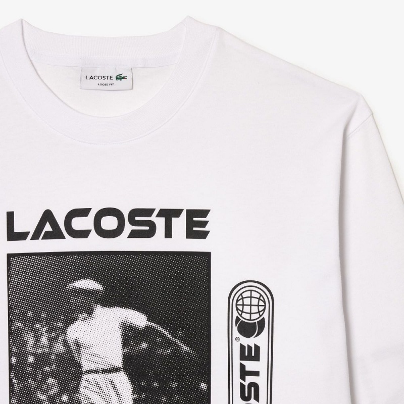 Men's Lacoste Loose Fit René Lacoste Print T-Shirt White Black | TSI243569