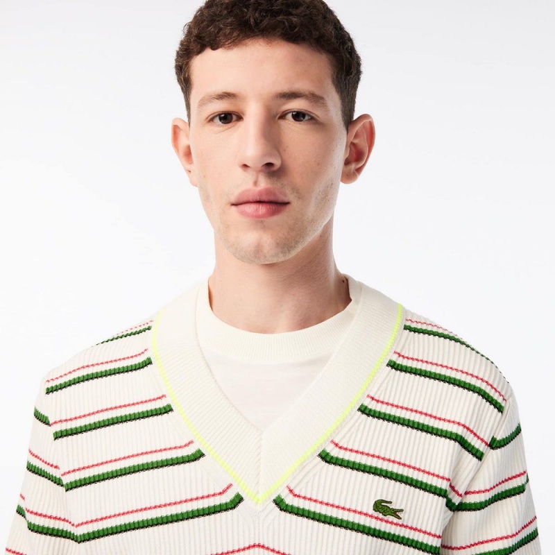 Men's Lacoste Made In France Striped V-Neck Sweater White | CIQ948123