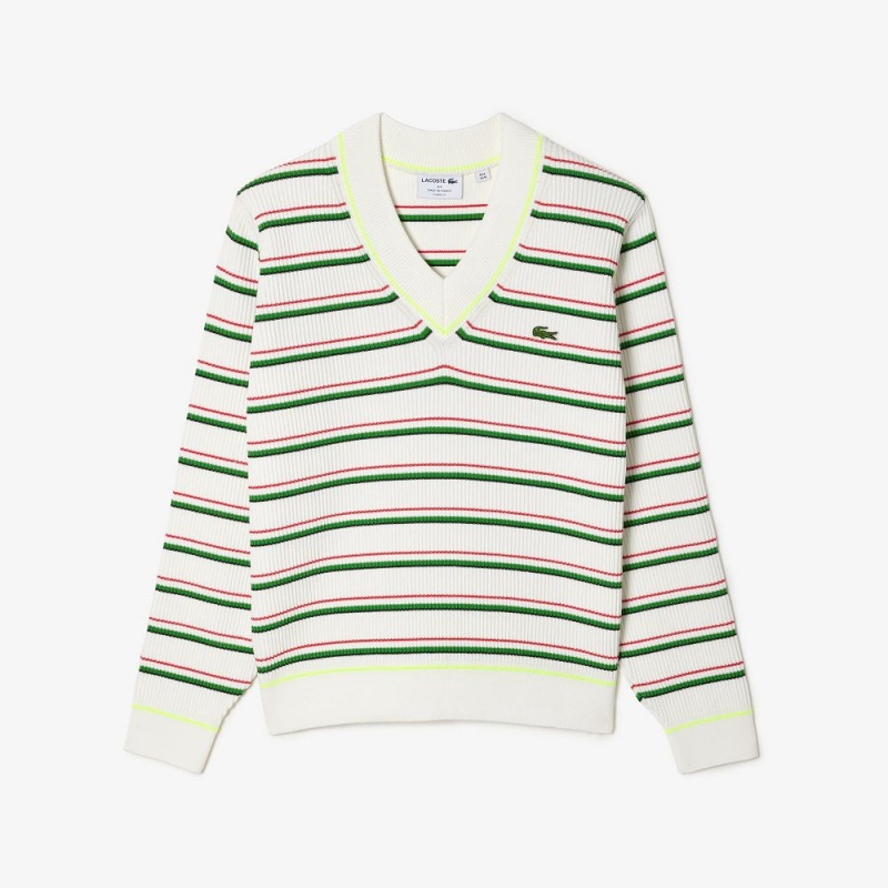 Men's Lacoste Made In France Striped V-Neck Sweater White | CIQ948123