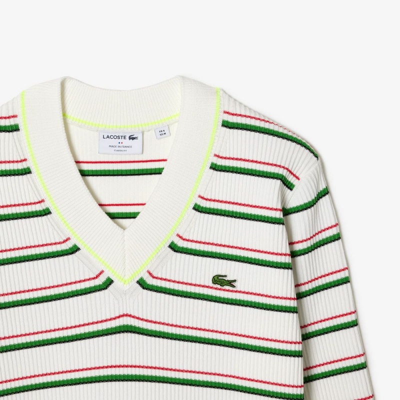 Men's Lacoste Made In France Striped V-Neck Sweater White | CIQ948123