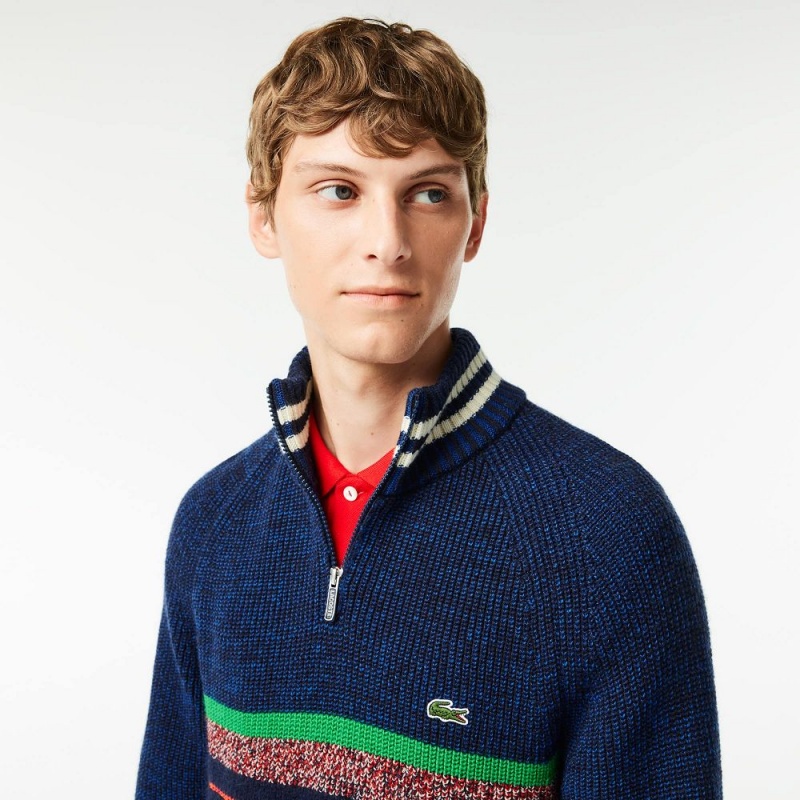 Men's Lacoste Made in France High-Neck Wool Sweater Navy Blue Blue White | ZTM738942