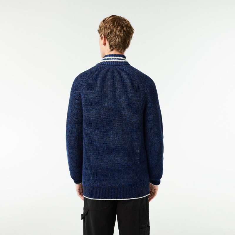 Men's Lacoste Made in France High-Neck Wool Sweater Navy Blue Blue White | ZTM738942