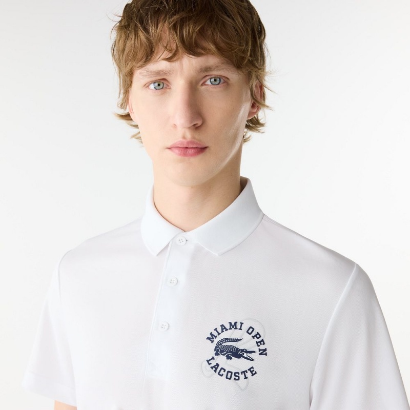 Men's Lacoste Miami Open Edition Ultra-Dry Piqué Polo Shirts White | OYC348196