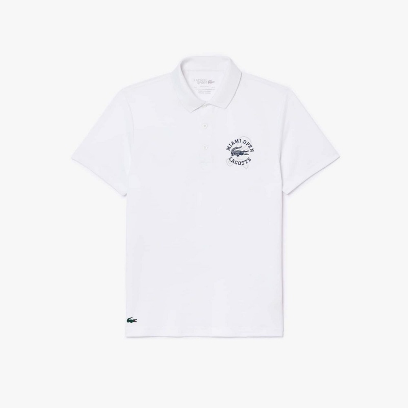 Men's Lacoste Miami Open Edition Ultra-Dry Piqué Polo Shirts White | OYC348196