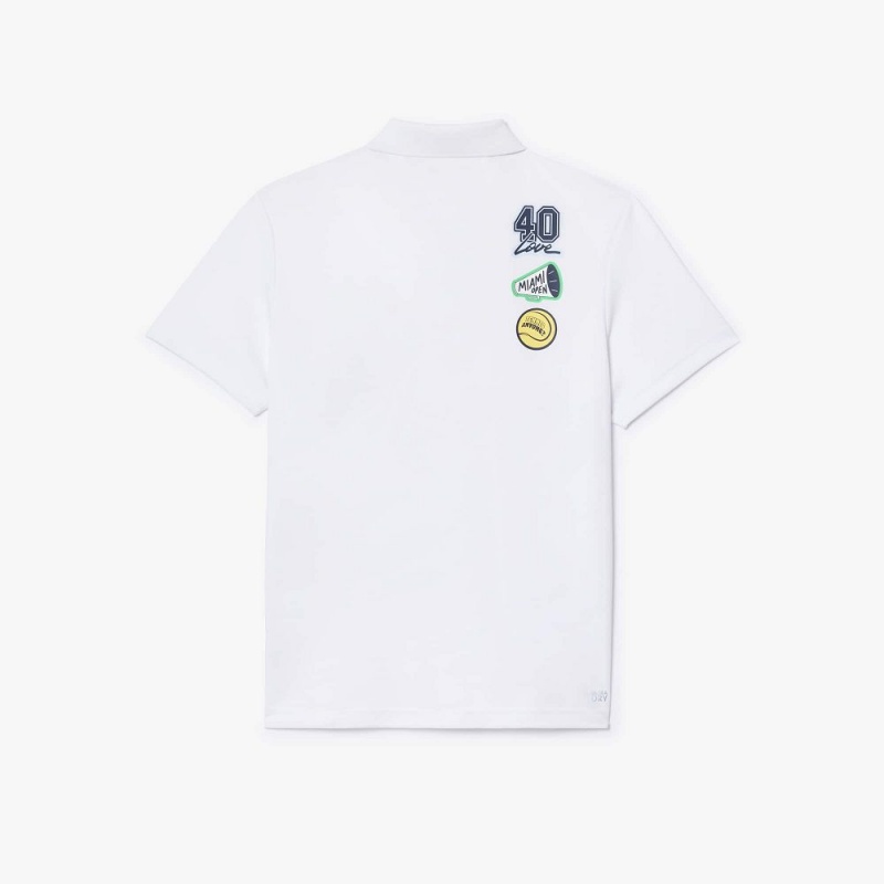 Men's Lacoste Miami Open Edition Ultra-Dry Piqué Polo Shirts White | OYC348196