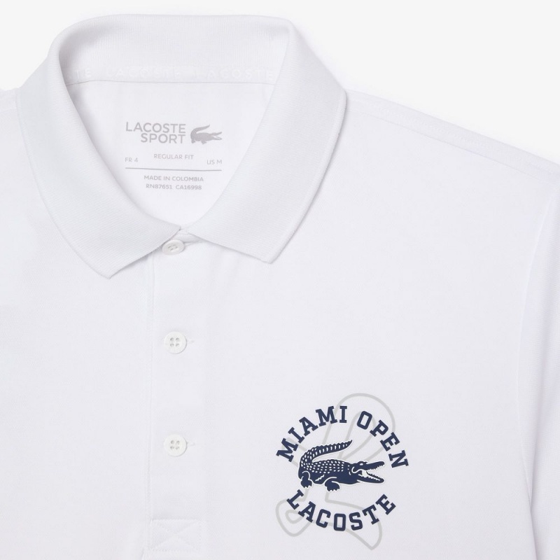 Men's Lacoste Miami Open Edition Ultra-Dry Piqué Polo Shirts White | OYC348196