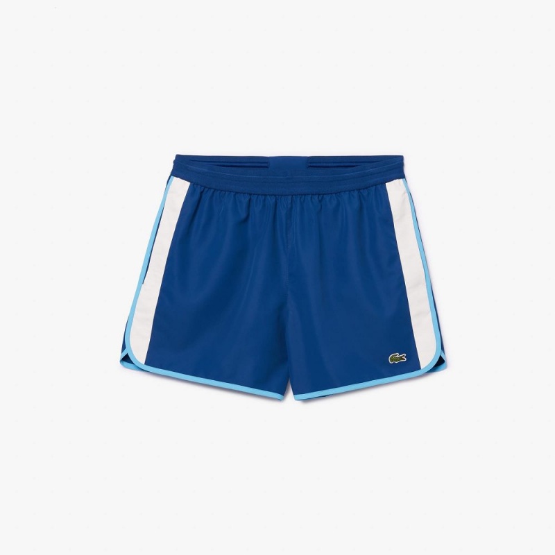 Men's Lacoste Mid Length Colorblock Striped Swim Trunks Blue White | ALZ976314