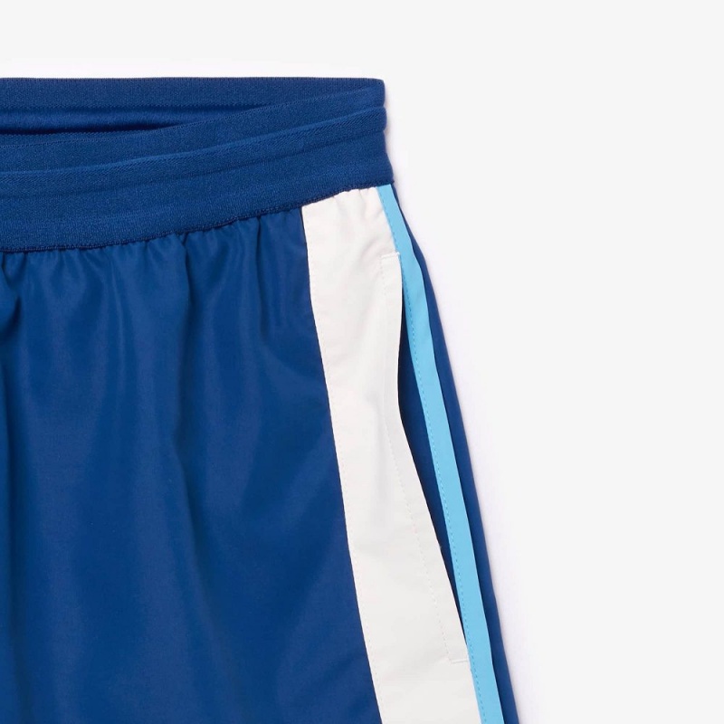 Men's Lacoste Mid Length Colorblock Striped Swim Trunks Blue White | ALZ976314