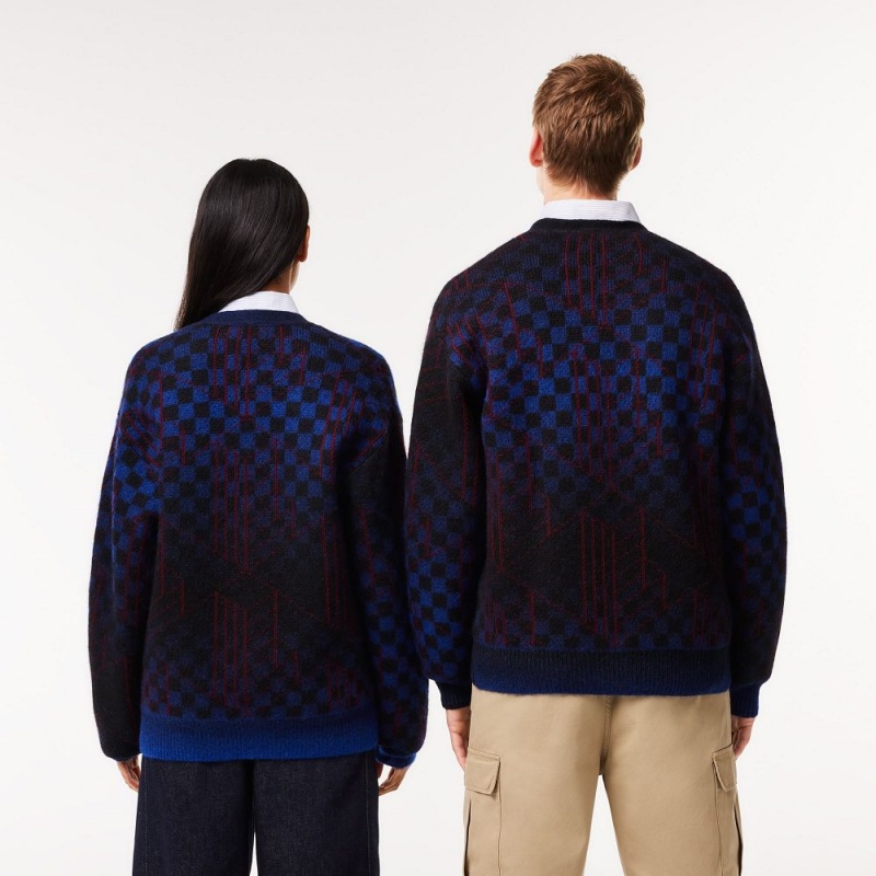 Men's Lacoste Monogram Motif Alpaca and Wool Cardigan Sweater Blue Black Bordeaux | CSB794581