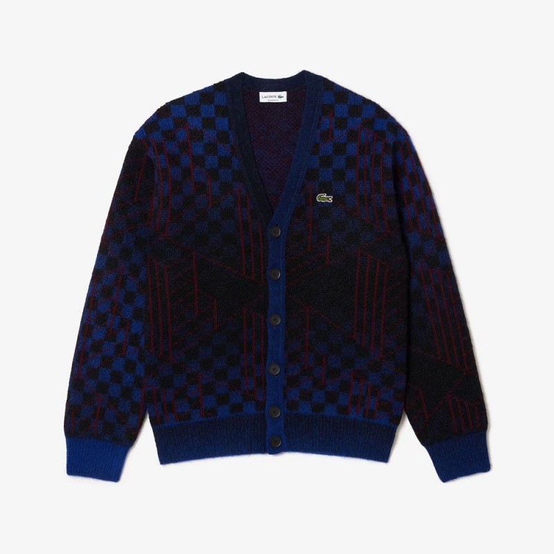 Men's Lacoste Monogram Motif Alpaca and Wool Cardigan Sweater Blue Black Bordeaux | CSB794581