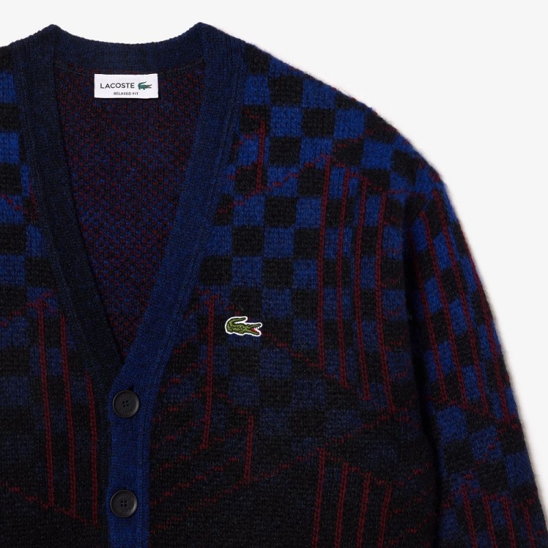 Men's Lacoste Monogram Motif Alpaca and Wool Cardigan Sweater Blue Black Bordeaux | CSB794581