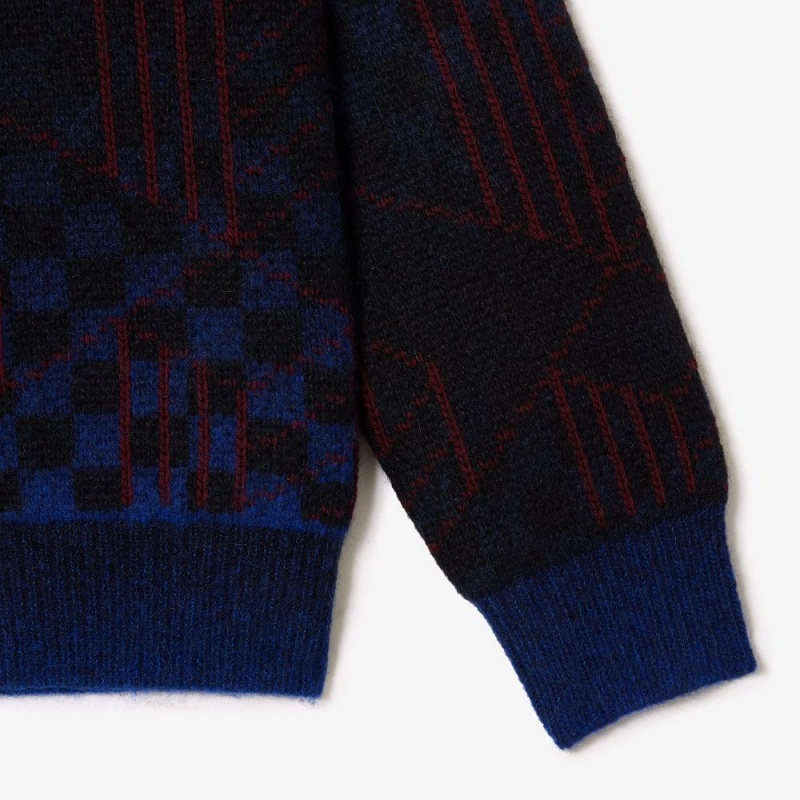 Men's Lacoste Monogram Motif Alpaca and Wool Cardigan Sweater Blue Black Bordeaux | CSB794581