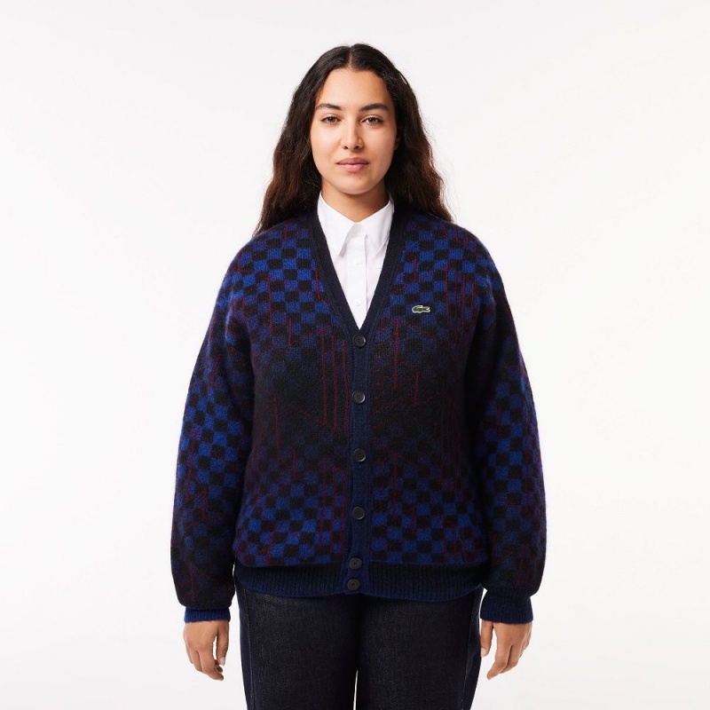 Men's Lacoste Monogram Motif Alpaca and Wool Cardigan Sweater Blue Black Bordeaux | CSB794581