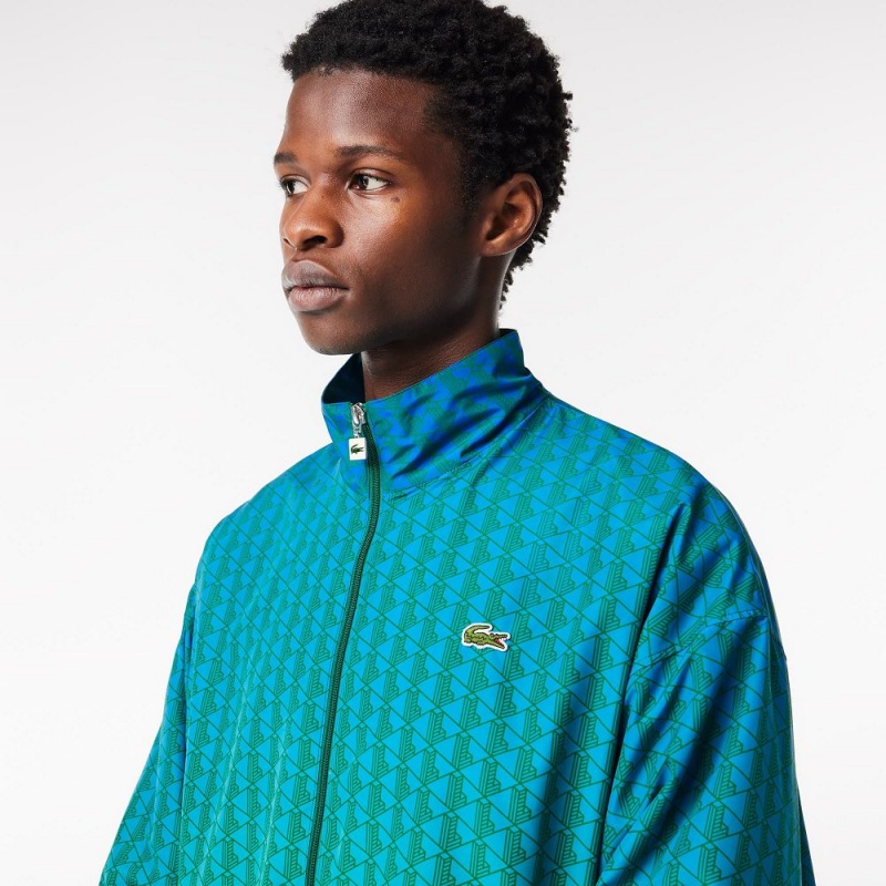 Men's Lacoste Monogram Print Ombré Track Jackets Blue Green | OUP675318