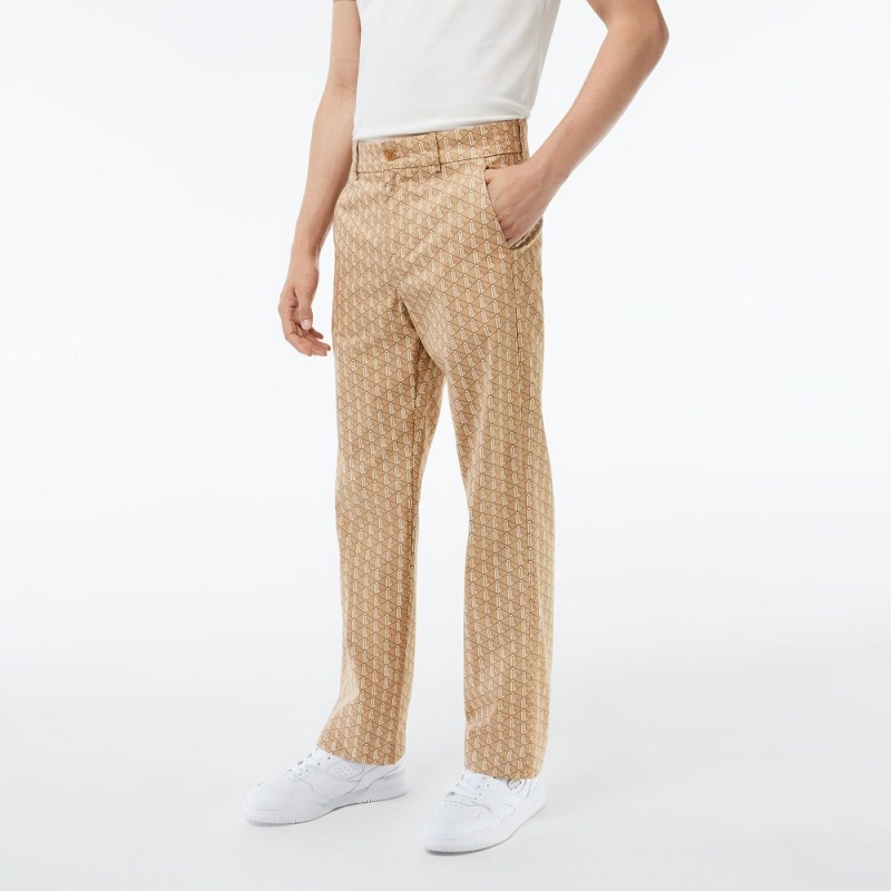 Men's Lacoste Monogram Print Straight Cut Chinos Pants Brown Beige White | ZVM428196