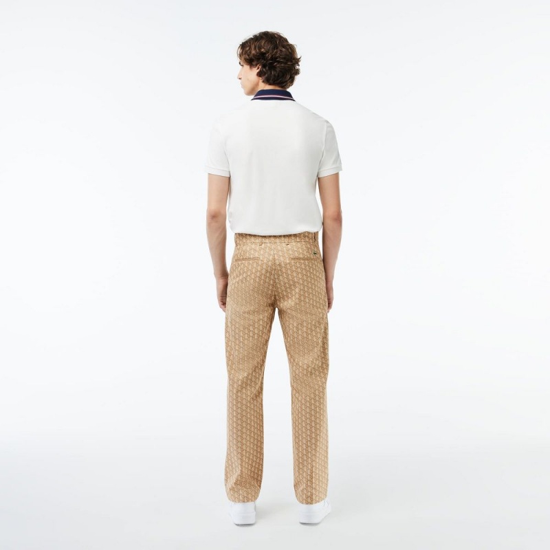 Men's Lacoste Monogram Print Straight Cut Chinos Pants Brown Beige White | ZVM428196