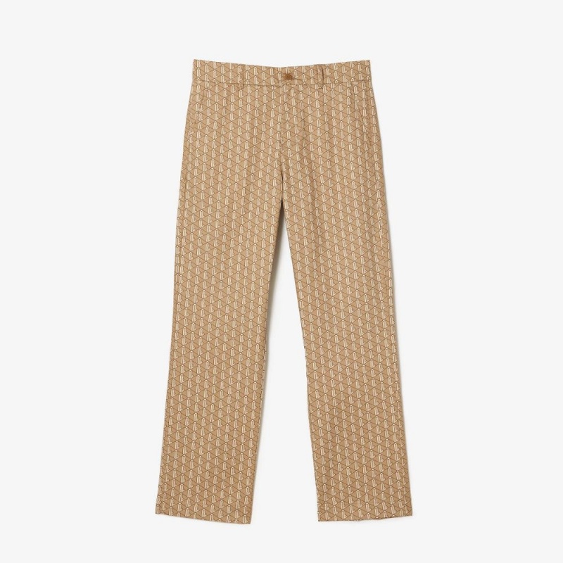 Men's Lacoste Monogram Print Straight Cut Chinos Pants Brown Beige White | ZVM428196