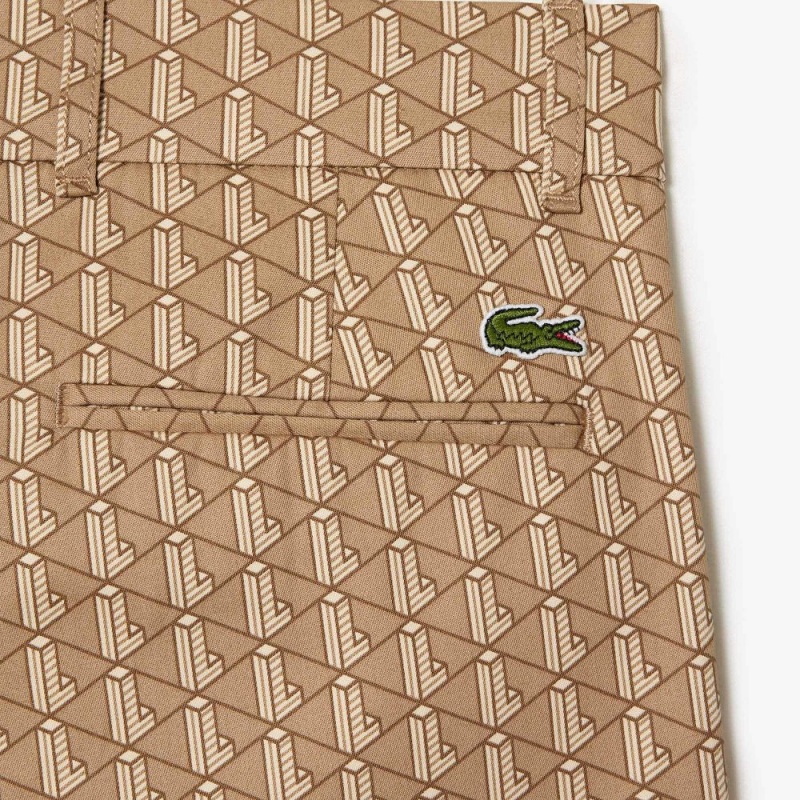 Men's Lacoste Monogram Print Straight Cut Chinos Pants Brown Beige White | ZVM428196