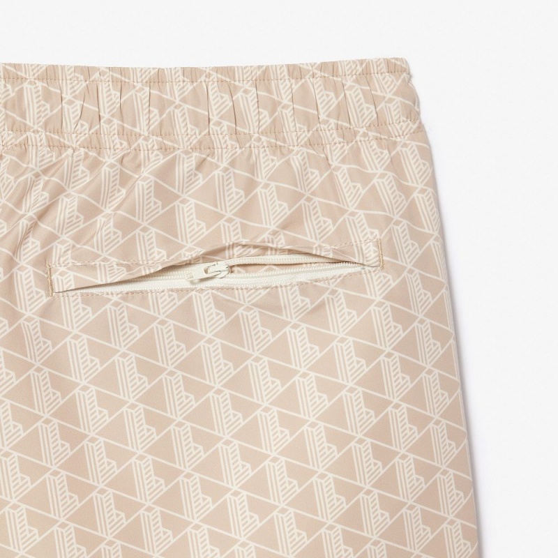 Men's Lacoste Monogram Print Sweatpants Beige White | BLU106749