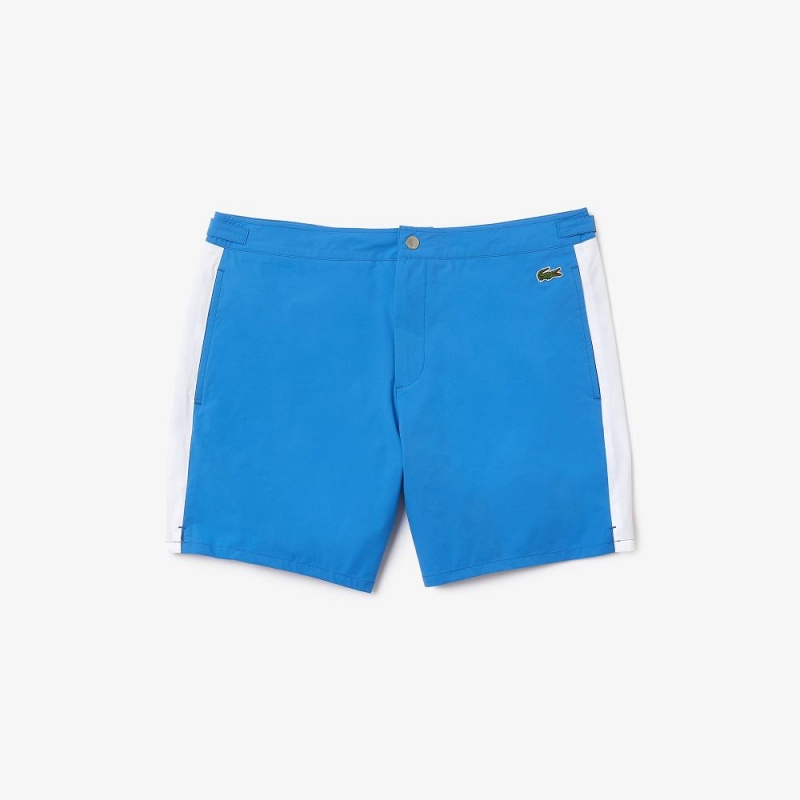 Men's Lacoste New Classic Buttoned Belt Light Swim Trunks Blue White | VQS397205