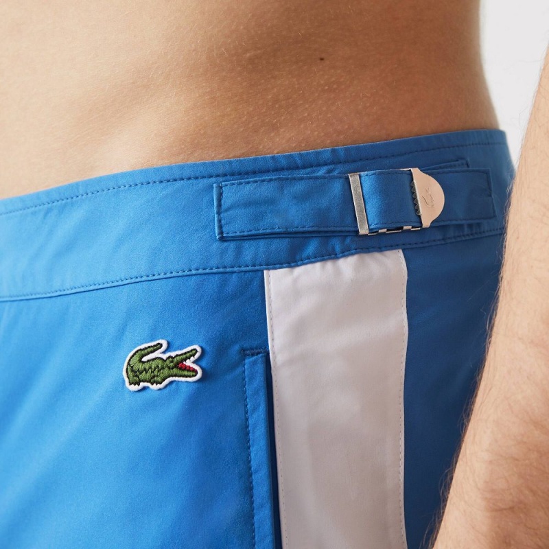 Men's Lacoste New Classic Buttoned Belt Light Swim Trunks Blue White | VQS397205