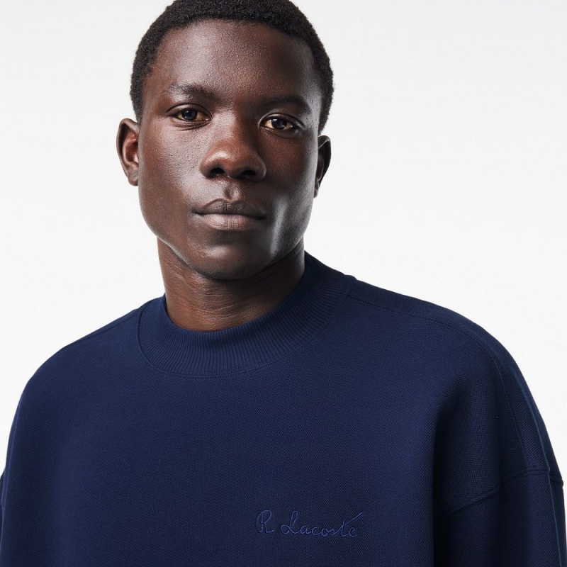 Men's Lacoste Oversized Double Face Piqué Sweatshirt Navy Blue | RYZ170653