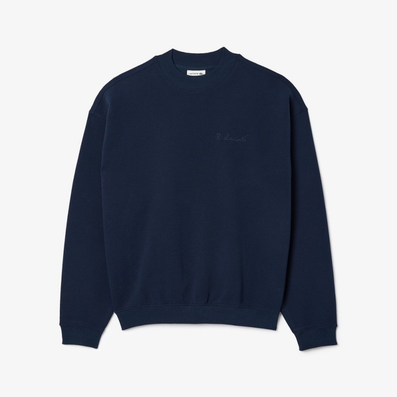 Men's Lacoste Oversized Double Face Piqué Sweatshirt Navy Blue | RYZ170653