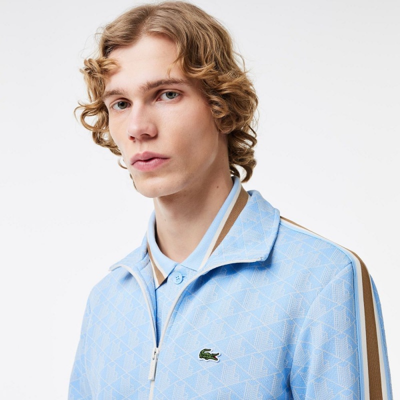 Men's Lacoste Paris Monogram Zip-Up Sweatshirt Light Blue White | TBP574028