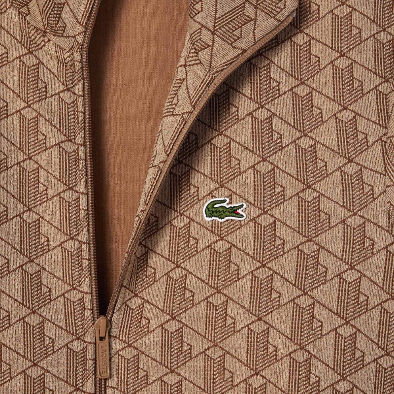 Men's Lacoste Paris Monogram Zip-Up Sweatshirt Beige Brown | BHP029314