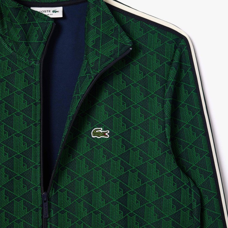 Men's Lacoste Paris Monogram Zip-Up Sweatshirt Navy Blue Green | KCN173298