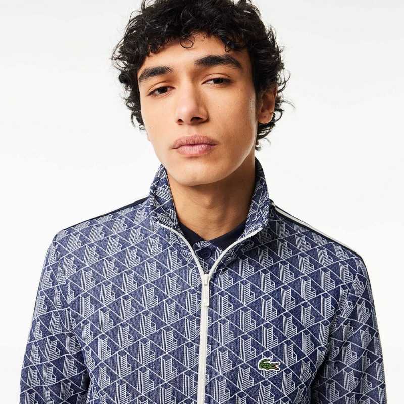 Men's Lacoste Paris Monogram Zip-Up Sweatshirt Navy Blue White | FBO571942