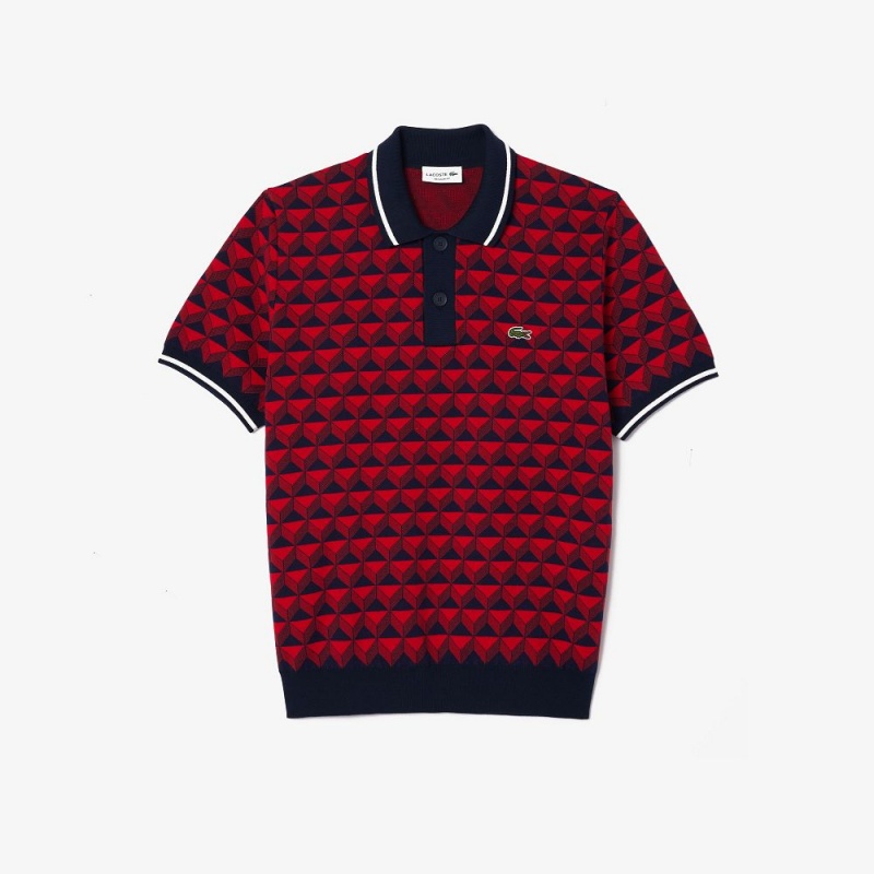 Men's Lacoste Patterned Polo Collar Sweater Blue Bordeaux Red | YMF418729