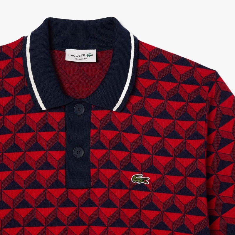 Men's Lacoste Patterned Polo Collar Sweater Blue Bordeaux Red | YMF418729