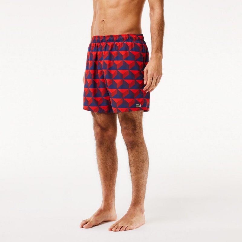 Men's Lacoste Patterned Swim Trunks Blue Bordeaux Red | PLO365471